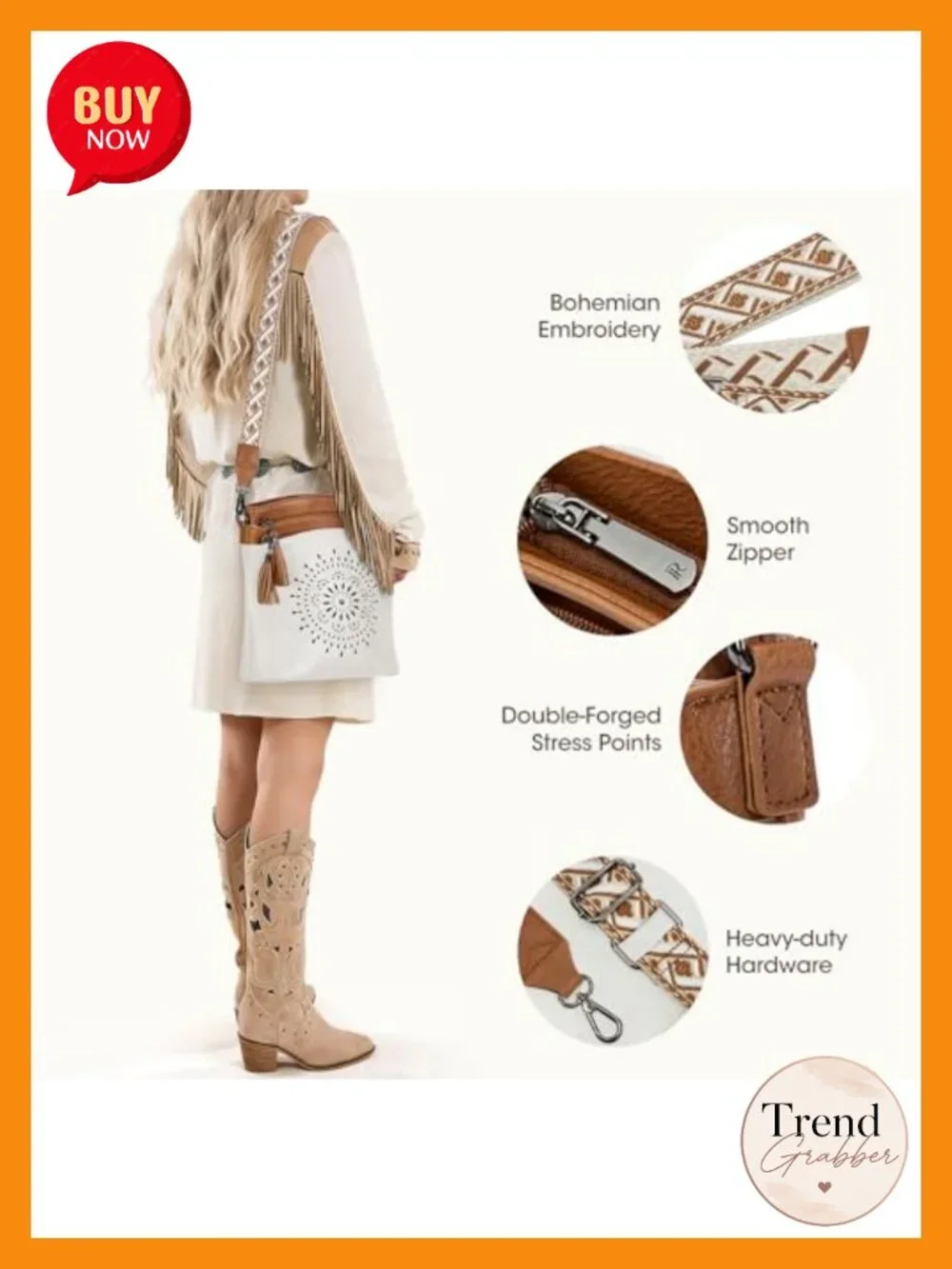 Faux Leather Crossbody Bag with Adjustable Guitar Strap, 7 Pockets